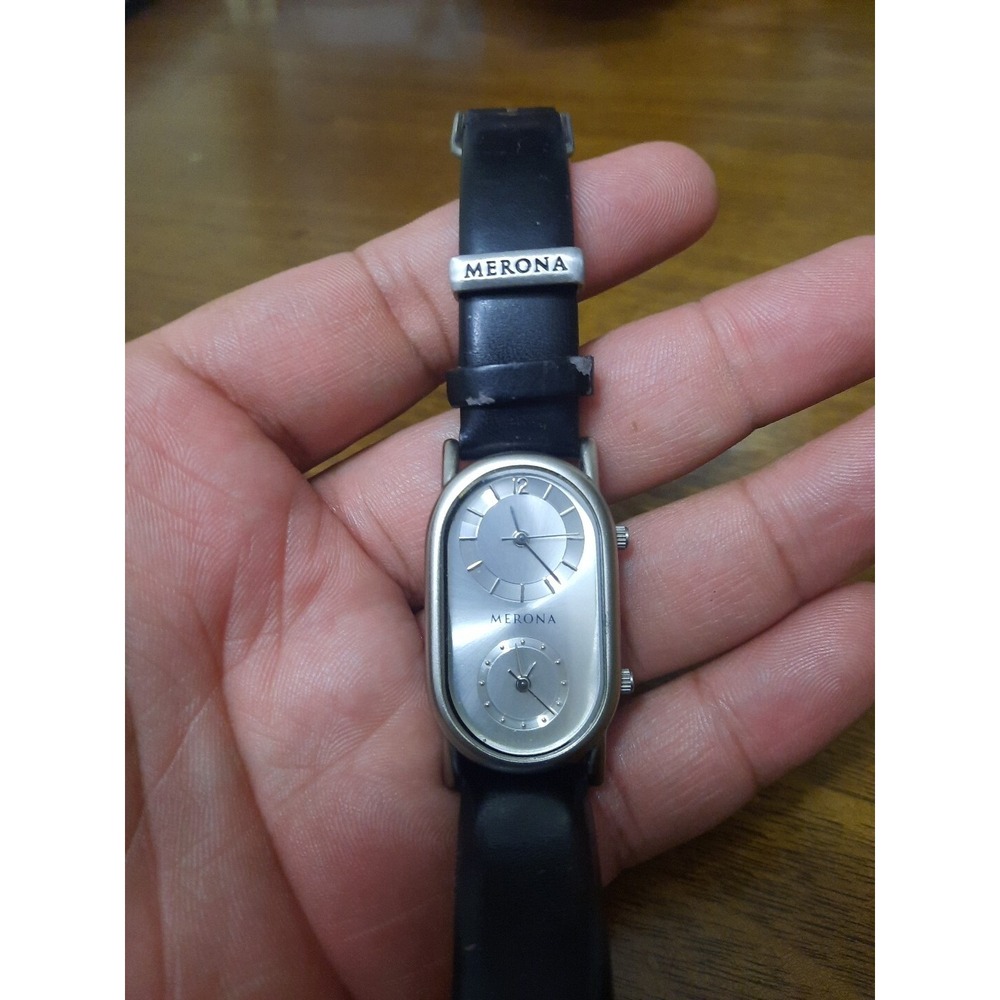 VTG‎ Merona Quartz Watch Unisex Silver Curved Rectangle Dual Movements